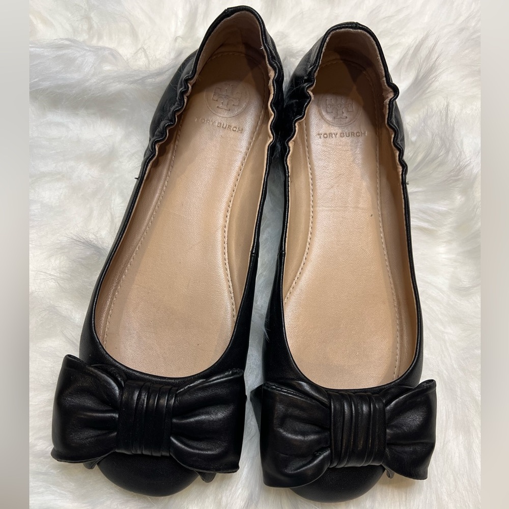 Tory Burch black ballet bow flats leather size 7 EEUC